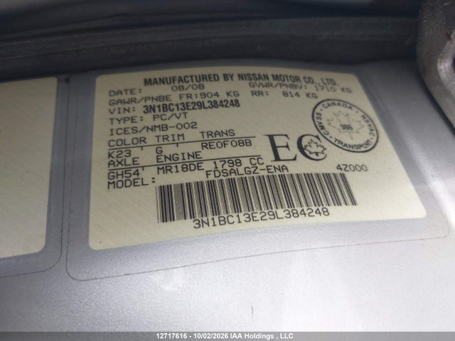 Auction sale of the 2009 Nissan Versa S/sl, vin: 3N1BC13E29L384248, lot number: 12717616