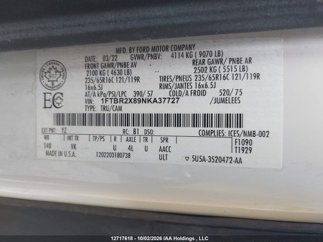 12717618 :رقم المزاد ، 1FTBR2X89NKA37727 vin ، 2022 Ford Transit-250 Cargo مزاد بيع