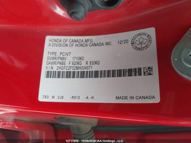 Aukcja sprzedaży 2021 Honda Civic, vin: 2HGFC2F52MH004571, numer aukcji: 12717655