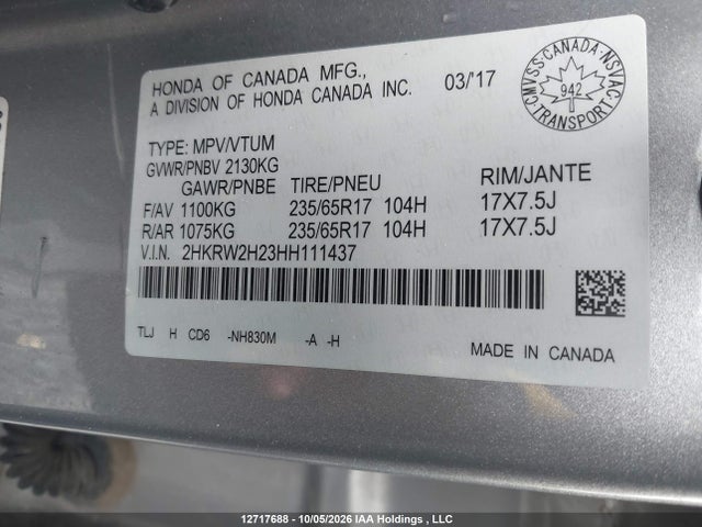 Продажа на аукционе авто 2017 Honda Cr-v Lx, vin: 2HKRW2H23HH111437, номер лота: 12717688