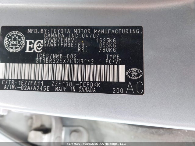 Продажа на аукционе авто 2007 Toyota Corolla Ce/le/s, vin: 2T1BR32EX7C838142, номер лота: 12717690