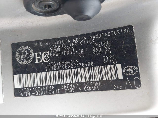 Продаж на аукціоні авто 2009 Toyota Corolla Ce, vin: 2T1BU40E89C176488, номер лоту: 12717695