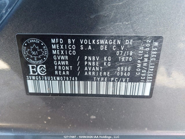 3VWG57BU3KM079749 Volkswagen Jetta 1.4 Tsi Execline