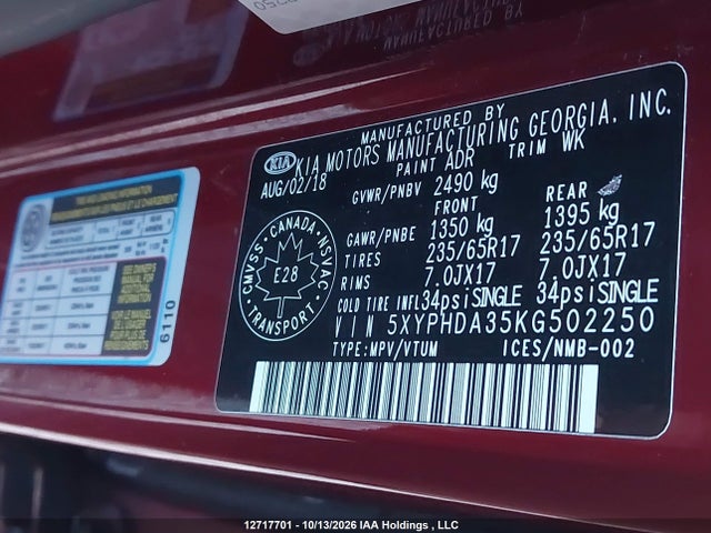 12717701 :رقم المزاد ، 5XYPHDA35KG502250 vin ، 2019 Kia Sorento 2.4l Ex مزاد بيع