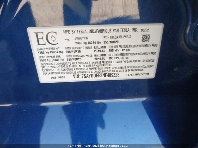 Aukcja sprzedaży 2022 Tesla Model Y, vin: 7SAYGDEE3NF489323, numer aukcji: 12717708