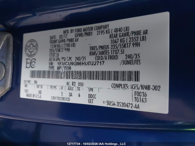 12717734 :رقم المزاد ، 1FMCU9G96HUD22717 vin ، 2017 Ford Escape Se مزاد بيع