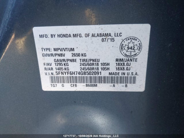 2016 Honda Pilot Exln მანქანა იყიდება აუქციონზე, vin: 5FNYF6H74GB502091, აუქციონის ნომერი: 12717737
