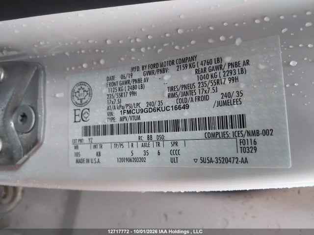 2019 Ford Escape Se მანქანა იყიდება აუქციონზე, vin: 1FMCU9GD6KUC16649, აუქციონის ნომერი: 12717772