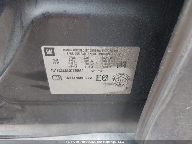 12717779 :رقم المزاد ، 1G1PC5SB9D7276930 vin ، 2013 Chevrolet Cruze Lt Turbo مزاد بيع