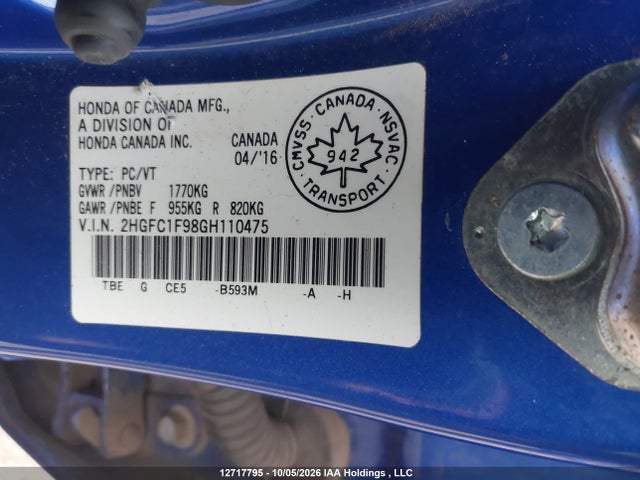 Продажа на аукционе авто 2016 Honda Civic Touring, vin: 2HGFC1F98GH110475, номер лота: 12717795