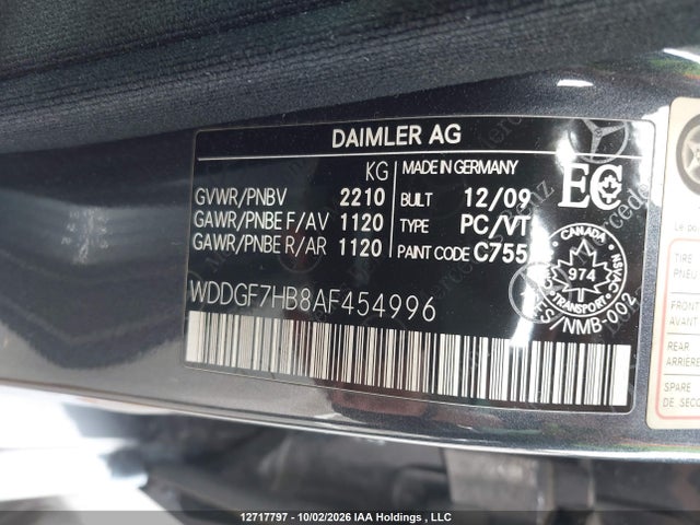 12717797 :رقم المزاد ، WDDGF7HB8AF454996 vin ، 2010 Mercedes-benz C 63 Amg مزاد بيع