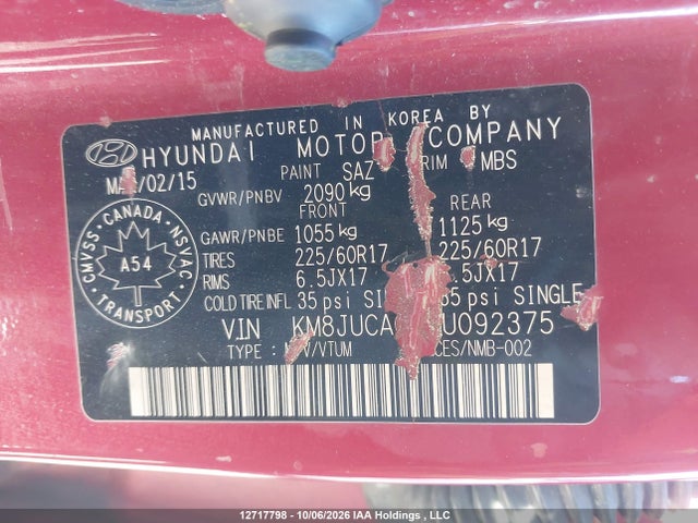 2015 Hyundai Tucson Gls მანქანა იყიდება აუქციონზე, vin: KM8JUCAG2FU092375, აუქციონის ნომერი: 12717798