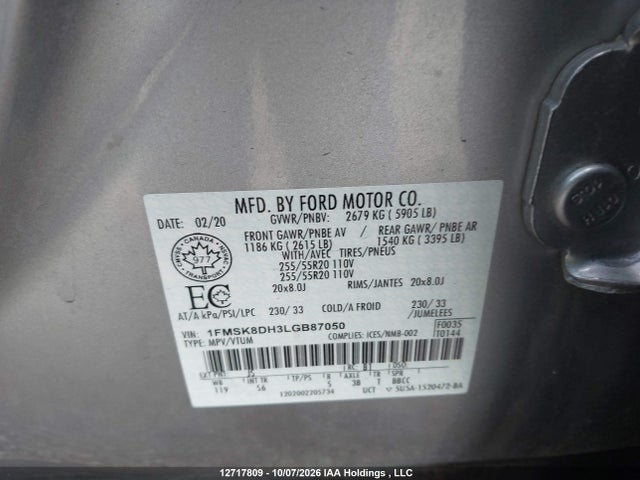 2020 Ford Explorer Xlt მანქანა იყიდება აუქციონზე, vin: 1FMSK8DH3LGB87050, აუქციონის ნომერი: 12717809