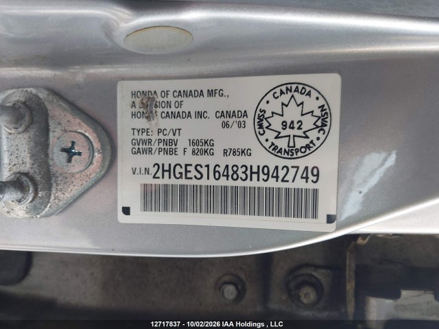 12717837 :رقم المزاد ، 2HGES16483H942749 vin ، 2003 Honda Civic Dx-g مزاد بيع
