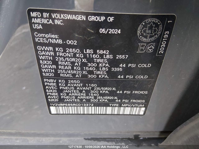 12717838 :رقم المزاد ، 1V2VRPE85RC013372 vin ، 2024 Volkswagen Id.4 Pro S مزاد بيع
