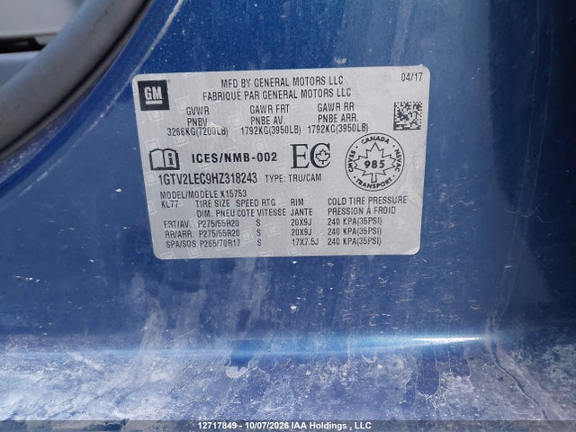 Продаж на аукціоні авто 2017 Gmc Sierra 1500, vin: 1GTV2LEC9HZ318243, номер лоту: 12717849