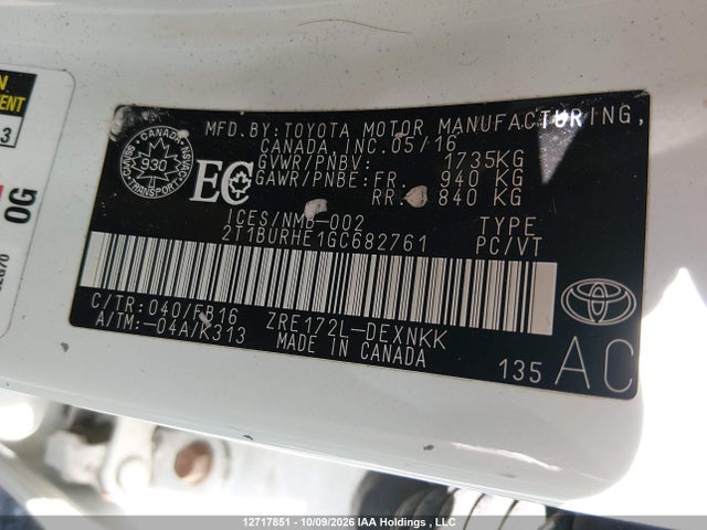 2T1BURHE1GC682761 Toyota Corolla L/le/le Pls/prm/s/s Pls