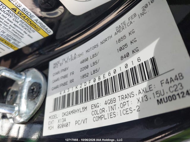 12717855 :رقم المزاد ، 4A31K2DF0BE601016 vin ، 2011 Mitsubishi Eclipse Gs مزاد بيع