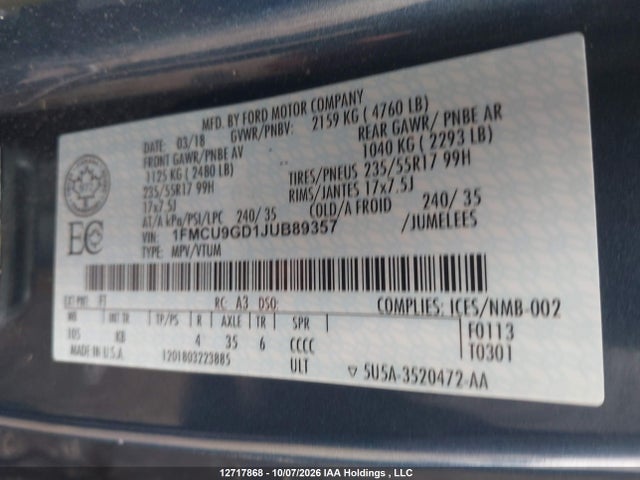 12717868 :رقم المزاد ، 1FMCU9GD1JUB89357 vin ، 2018 Ford Escape Se مزاد بيع