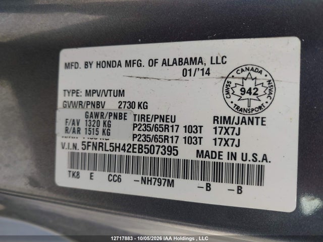 2014 Honda Odyssey Ex მანქანა იყიდება აუქციონზე, vin: 5FNRL5H42EB507395, აუქციონის ნომერი: 12717883