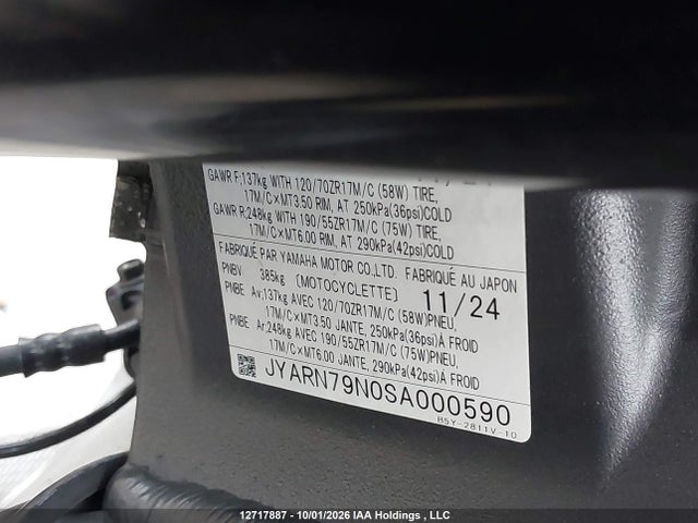 Продаж на аукціоні авто 2025 Yamaha Mt10, vin: JYARN79N0SA000590, номер лоту: 12717887