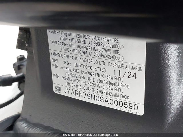 Продаж на аукціоні авто 2025 Yamaha Mt10, vin: JYARN79N0SA000590, номер лоту: 12717887