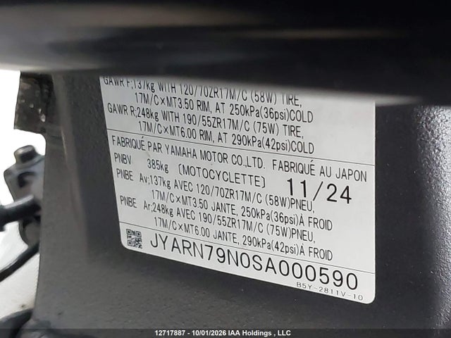 Продаж на аукціоні авто 2025 Yamaha Mt10, vin: JYARN79N0SA000590, номер лоту: 12717887