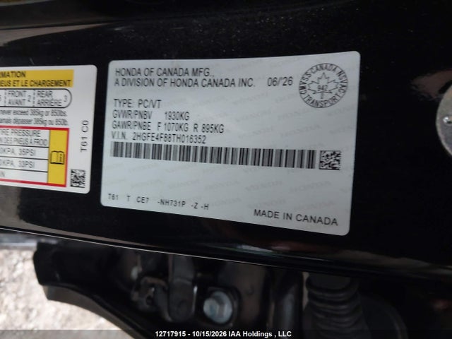 12717915 :رقم المزاد ، 2HGFE4F88TH016352 vin ، 2026 Honda Civic مزاد بيع