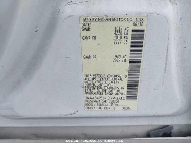 1N4AL3AP5GN374101 Nissan Altima 2.5/s/sv/sl/sr