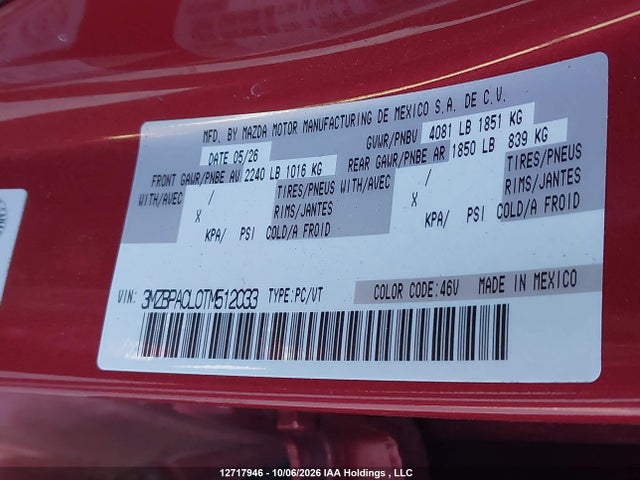 Aukcja sprzedaży 2026 Mazda 3 Preferred/carbon Edition, vin: 3MZBPACL0TM512033, numer aukcji: 12717946