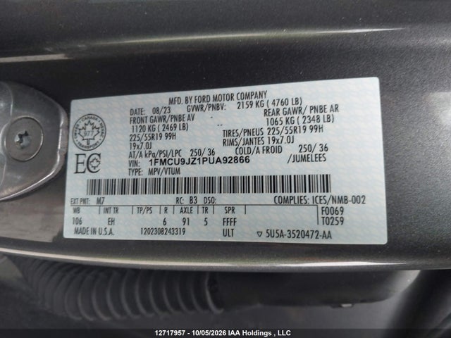 12717957 :رقم المزاد ، 1FMCU9JZ1PUA92866 vin ، 2023 Ford Escape Platinum مزاد بيع
