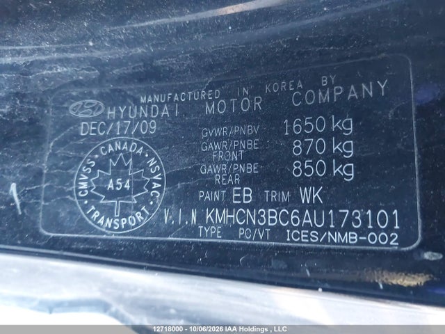 12718000 :رقم المزاد ، KMHCN3BC6AU173101 vin ، 2010 Hyundai Accent Gl مزاد بيع
