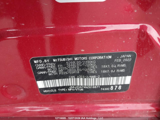 Продажа на аукционе авто 2022 Mitsubishi Outlander Phev Black Edition/gt/le/se, vin: JA4J2VA74NZ616871, номер лота: 12718009