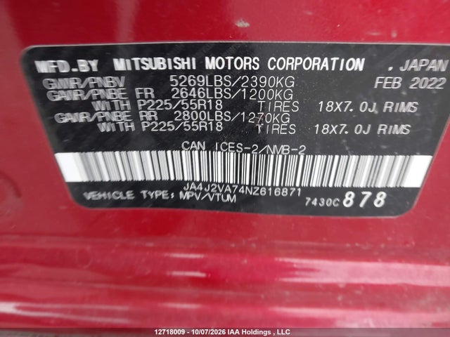 Продажа на аукционе авто 2022 Mitsubishi Outlander Phev Black Edition/gt/le/se, vin: JA4J2VA74NZ616871, номер лота: 12718009