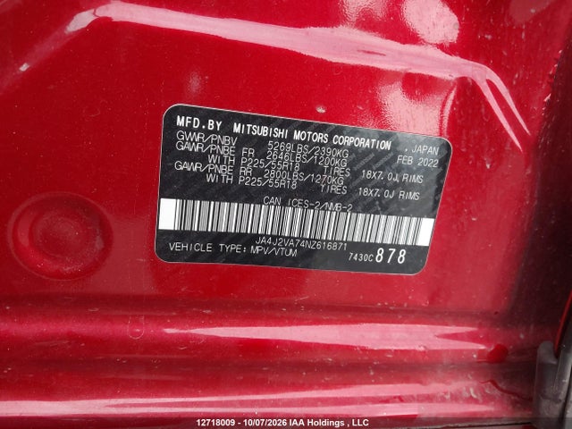 Продажа на аукционе авто 2022 Mitsubishi Outlander Phev Black Edition/gt/le/se, vin: JA4J2VA74NZ616871, номер лота: 12718009