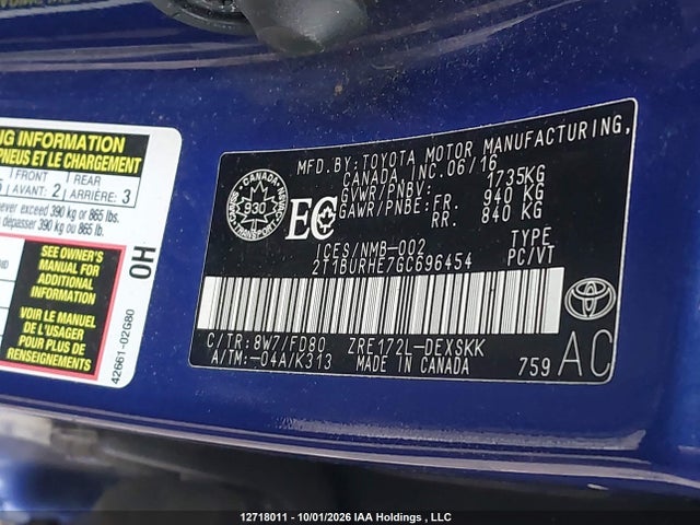 12718011 :رقم المزاد ، 2T1BURHE7GC696454 vin ، 2016 Toyota Corolla S مزاد بيع