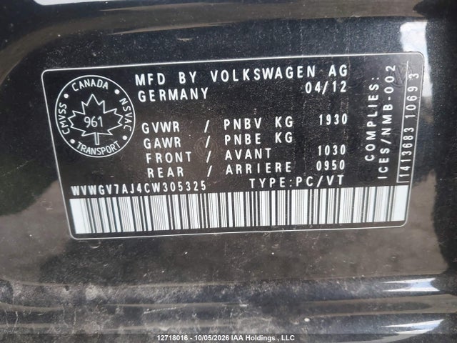Aukcja sprzedaży 2012 Volkswagen Gti, vin: WVWGV7AJ4CW305325, numer aukcji: 12718016