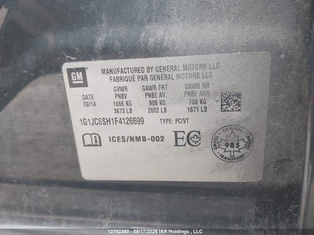 Aukcja sprzedaży 2015 Chevrolet Sonic Lt, vin: 1G1JC6SH1F4126699, numer aukcji: 12702380