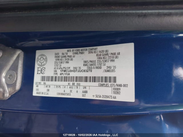 2018 Ford Escape Sel მანქანა იყიდება აუქციონზე, vin: 1FMCU0HD7JUC83270, აუქციონის ნომერი: 12718026
