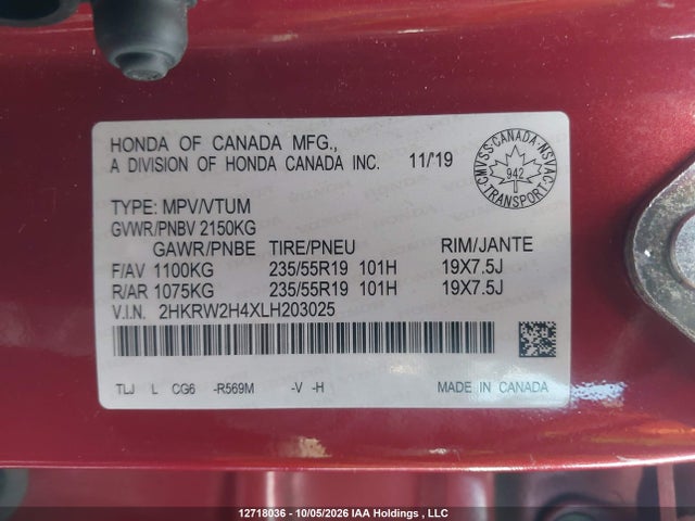 Продаж на аукціоні авто 2020 Honda Cr-v Sport, vin: 2HKRW2H4XLH203025, номер лоту: 12718036