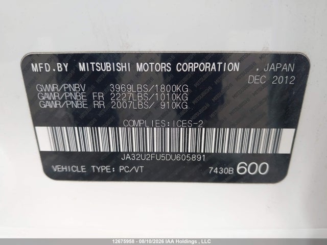 Aukcja sprzedaży 2013 Mitsubishi Lancer Se, vin: JA32U2FU5DU605891, numer aukcji: 12675958