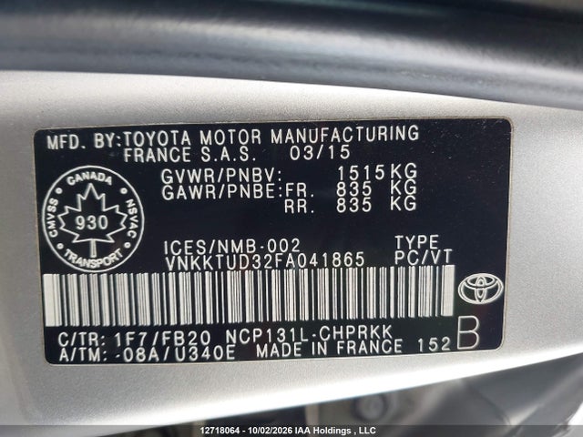 2015 Toyota Yaris Le მანქანა იყიდება აუქციონზე, vin: VNKKTUD32FA041865, აუქციონის ნომერი: 12718064