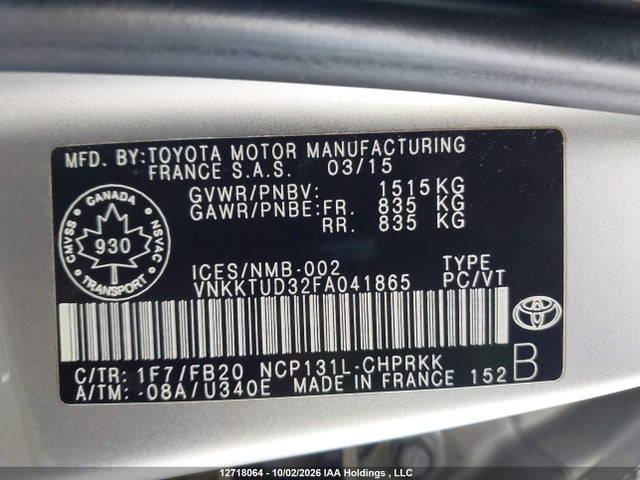 2015 Toyota Yaris Le მანქანა იყიდება აუქციონზე, vin: VNKKTUD32FA041865, აუქციონის ნომერი: 12718064