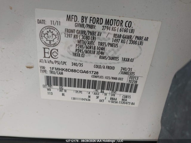 Продаж на аукціоні авто 2012 Ford Explorer Xlt, vin: 1FMHK8D88CGA61728, номер лоту: 12712178