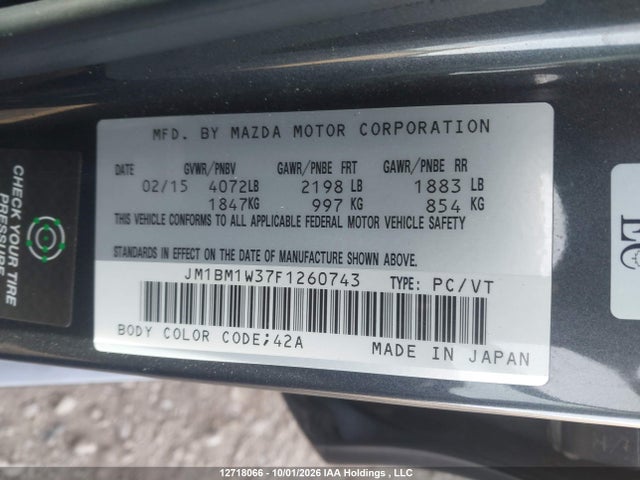 2015 Mazda Mazda3 Gt მანქანა იყიდება აუქციონზე, vin: JM1BM1W37F1260743, აუქციონის ნომერი: 12718066