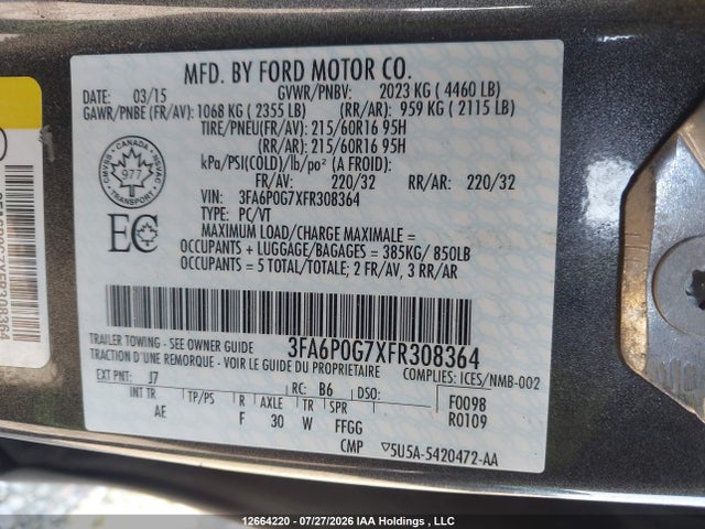 Продаж на аукціоні авто 2015 Ford Fusion S, vin: 3FA6P0G7XFR308364, номер лоту: 12664220