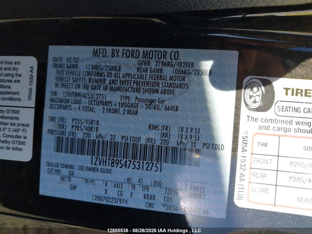Aukcja sprzedaży 2007 Ford Shelby Gt500, vin: 1ZVHT89S475312751, numer aukcji: 12685536