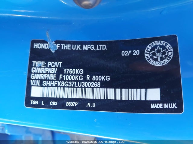 12688349 :رقم المزاد ، SHHFK8G37LU300268 vin ، 2020 Honda Civic Type R مزاد بيع