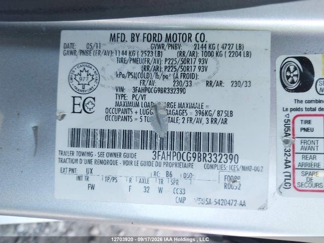 12703920 :رقم المزاد ، 3FAHP0CG9BR332390 vin ، 2011 Ford Fusion Sel مزاد بيع
