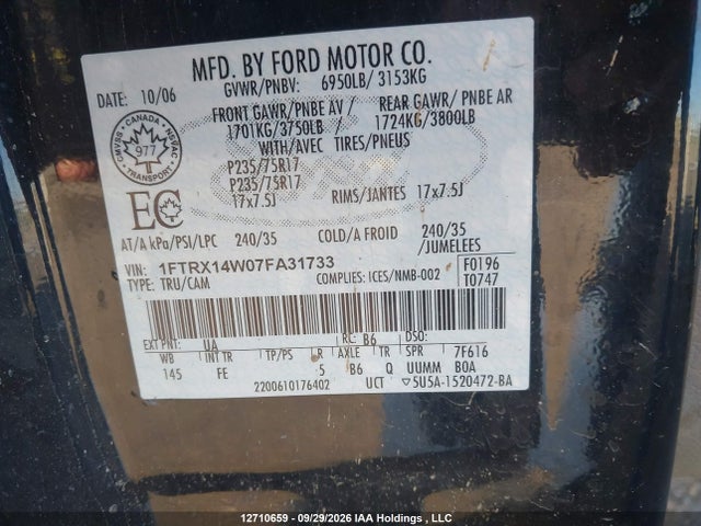 Продаж на аукціоні авто 2007 Ford F-150 Stx/xl/xlt, vin: 1FTRX14W07FA31733, номер лоту: 12710659